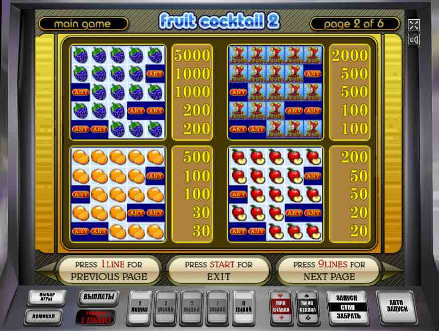 Выплаты в Fruit Cocktail 2 Таблица выплат слота Клубнички 2